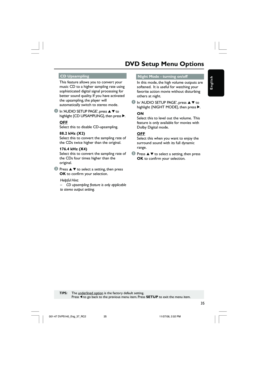 Philips DVP5140 DVD Setup Menu Options, CD Upsampling, Night Mode - turning on/off, 88.2 kHz, 176.4 kHz, Helpful Hint 