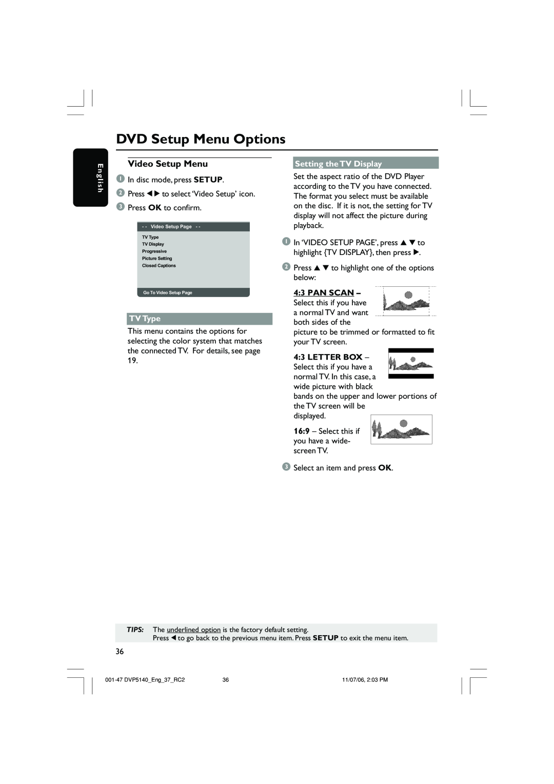 Philips DVP5140 user manual Video Setup Menu, DVD Setup Menu Options, TV Type, Setting the TV Display 