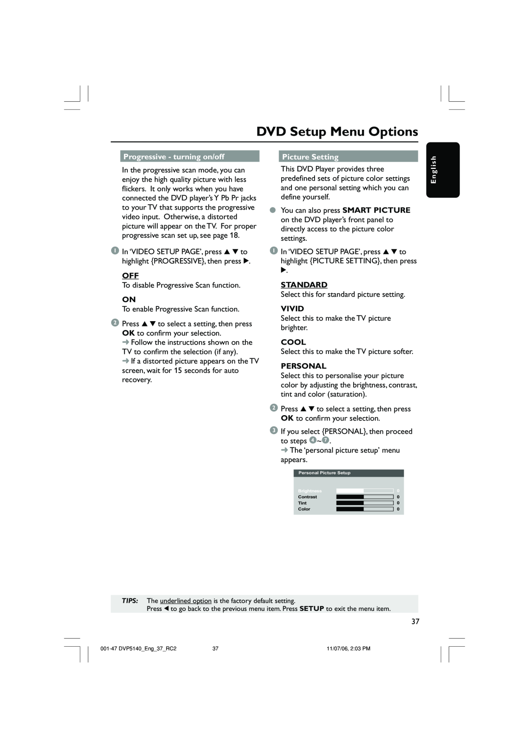 Philips DVP5140 DVD Setup Menu Options, Progressive - turning on/off, Picture Setting, Standard, Vivid, Cool, Personal 