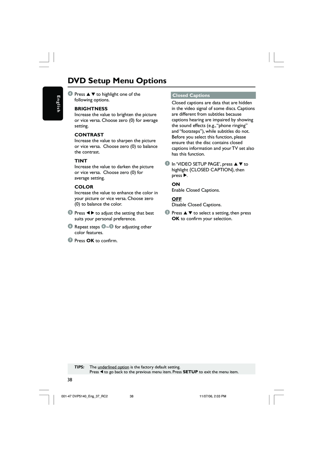 Philips DVP5140 user manual DVD Setup Menu Options, Brightness, Contrast, Tint, Color, Closed Captions 