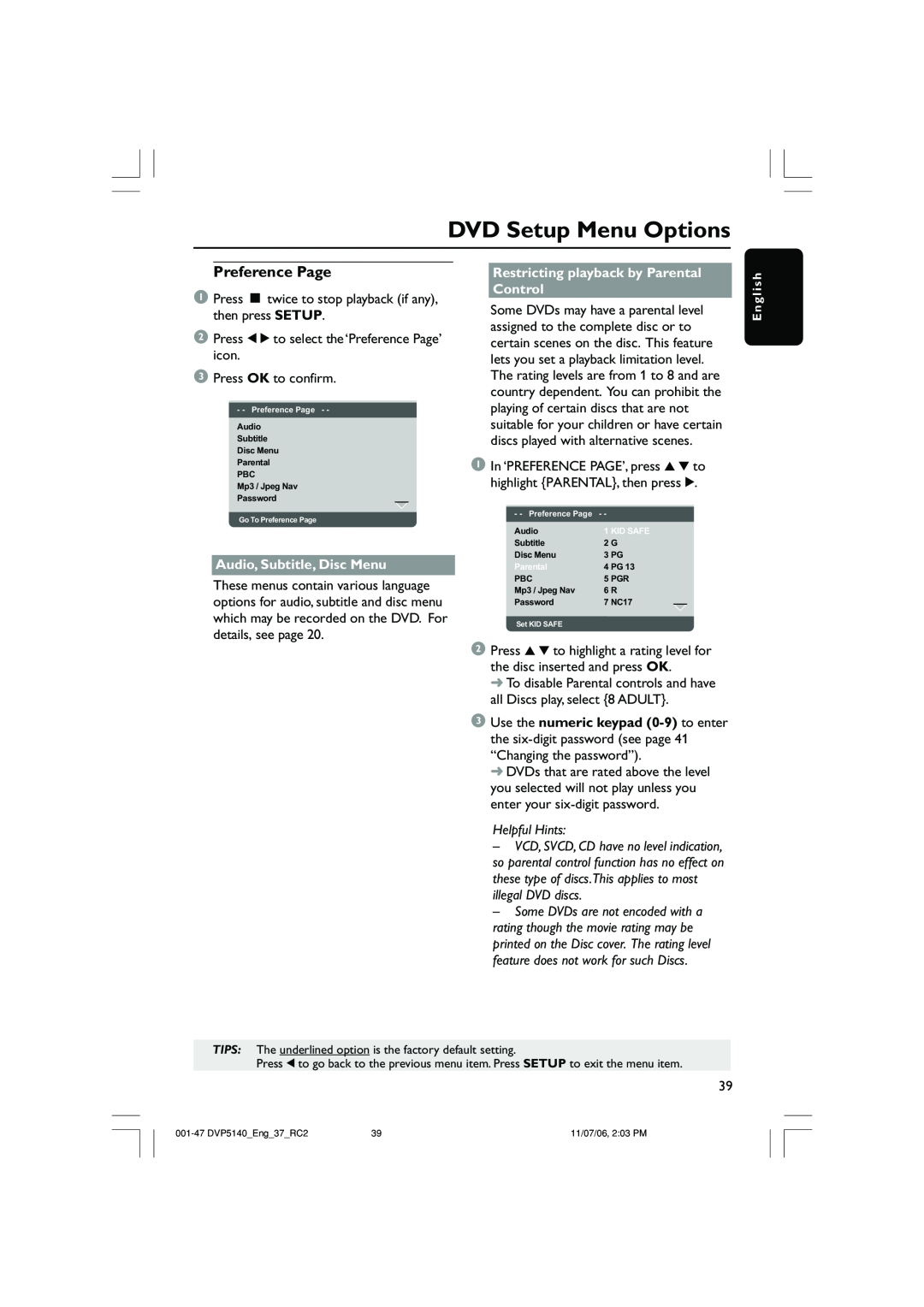 Philips DVP5140 Preference Page, DVD Setup Menu Options, Audio, Subtitle, Disc Menu, Helpful Hints, E n g l i s h 
