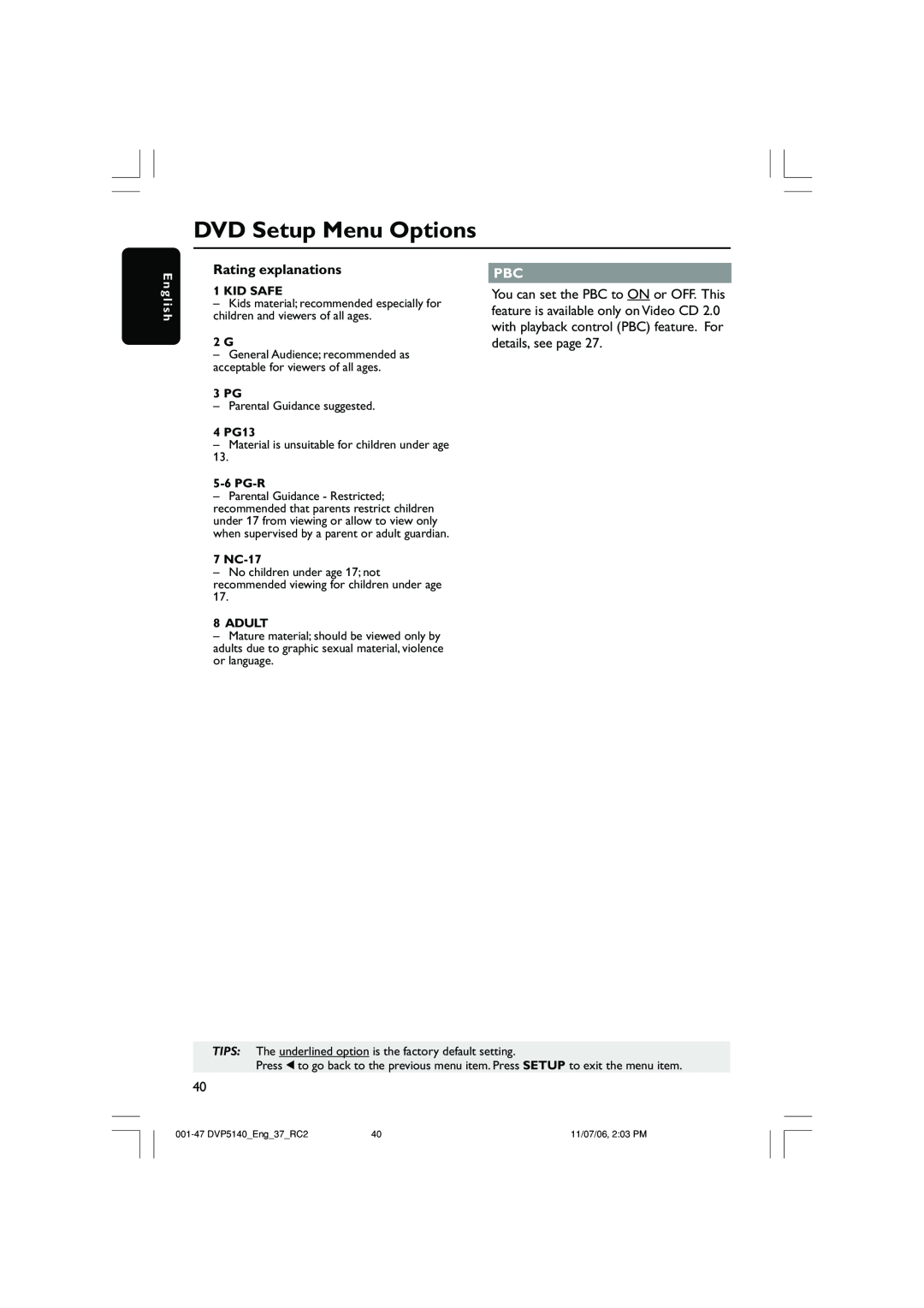 Philips DVP5140 user manual DVD Setup Menu Options, Rating explanations, E n g l i s h 