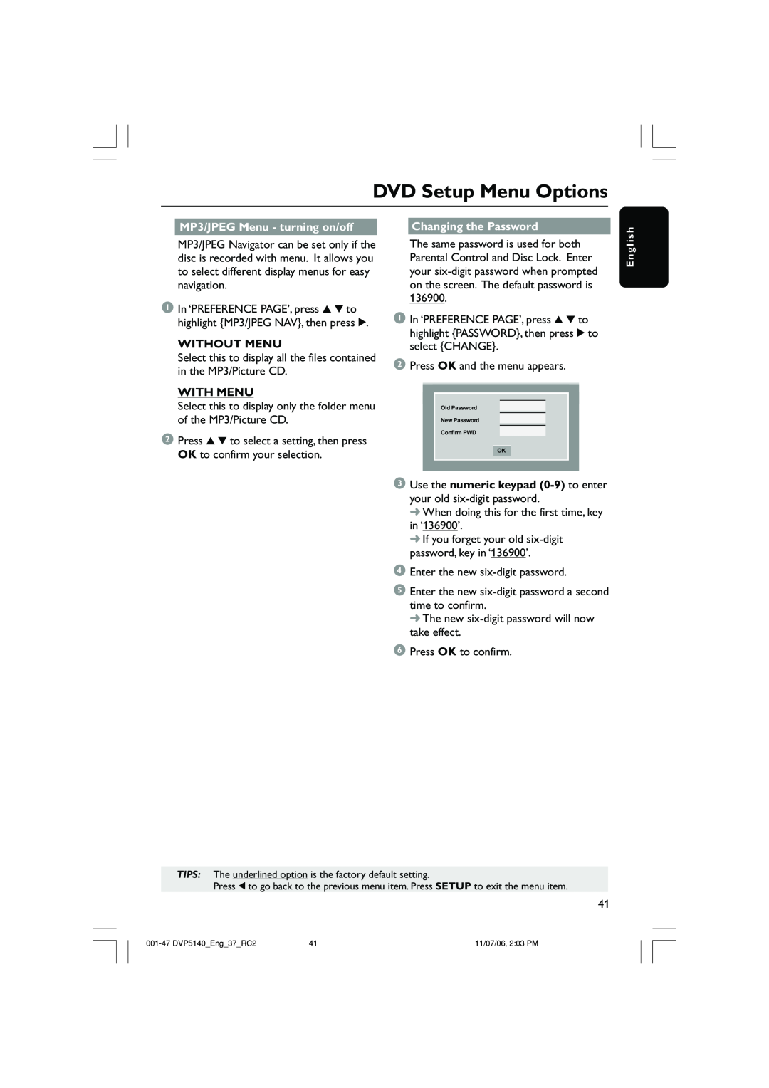 Philips DVP5140 DVD Setup Menu Options, MP3/JPEG Menu - turning on/off, Changing the Password, Without Menu, With Menu 