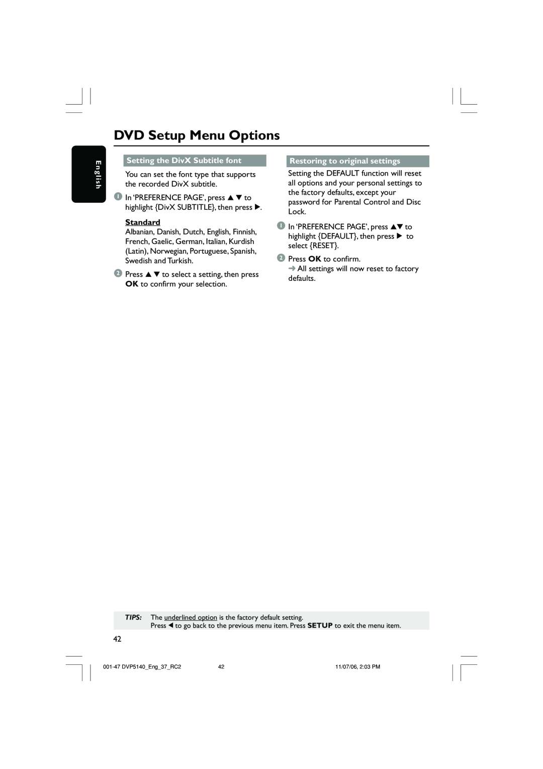 Philips DVP5140 DVD Setup Menu Options, Setting the DivX Subtitle font, Restoring to original settings, Standard 