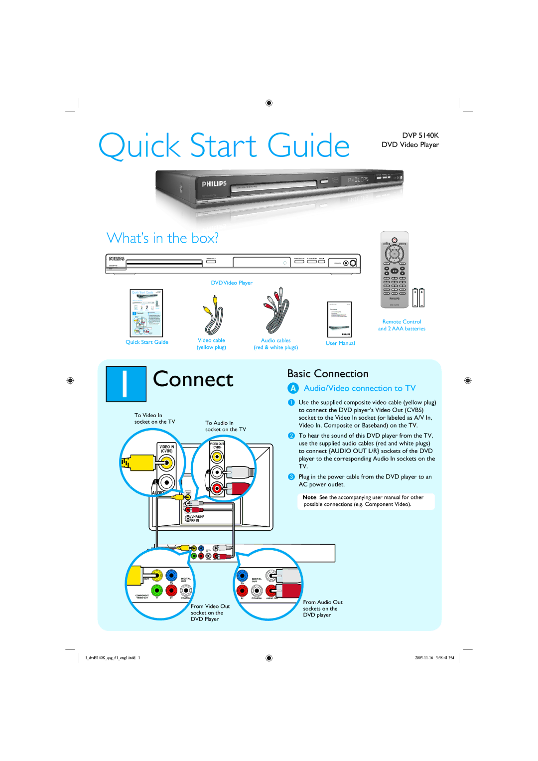 Philips DVP5140K/61 quick start Connect, Audio/Video connection to TV 