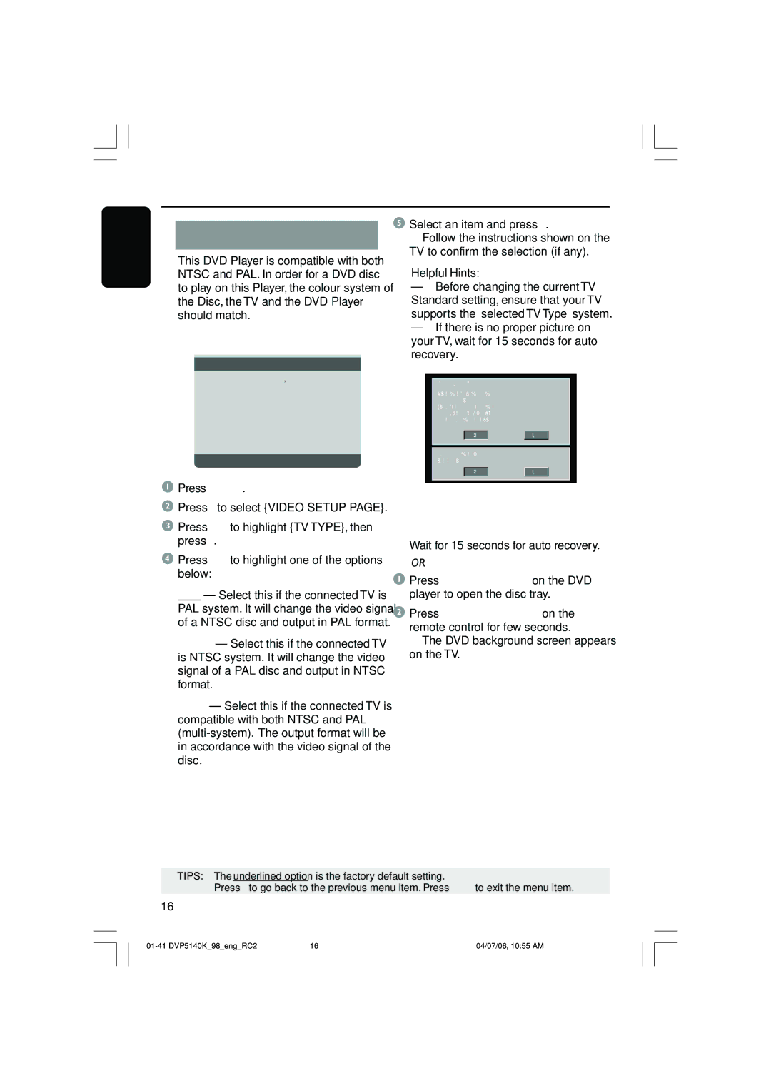 Philips DVP5140K/98 Selecting the colour system that corresponds to your TV, To reset to default TV colour system manually 