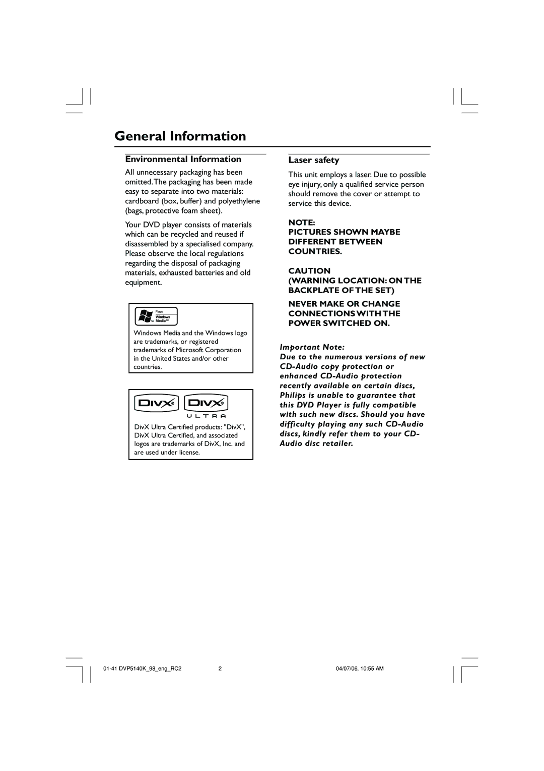 Philips DVP5140K/98 user manual General Information, Environmental Information, Laser safety 