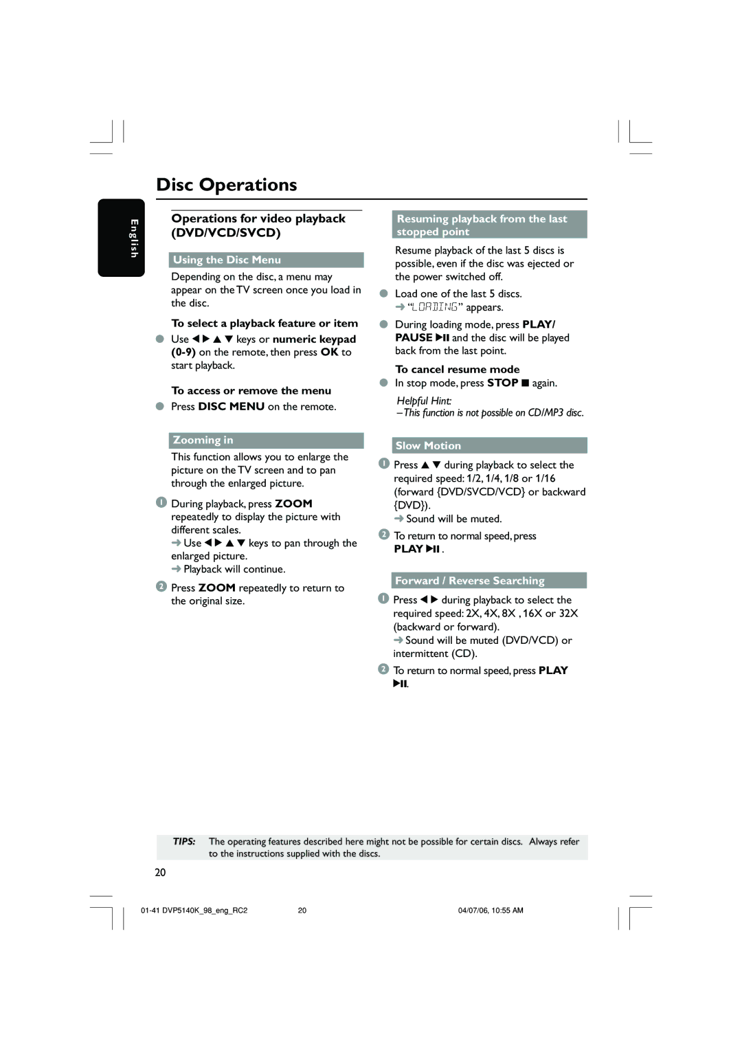 Philips DVP5140K/98 user manual Operations for video playback DVD/VCD/SVCD 