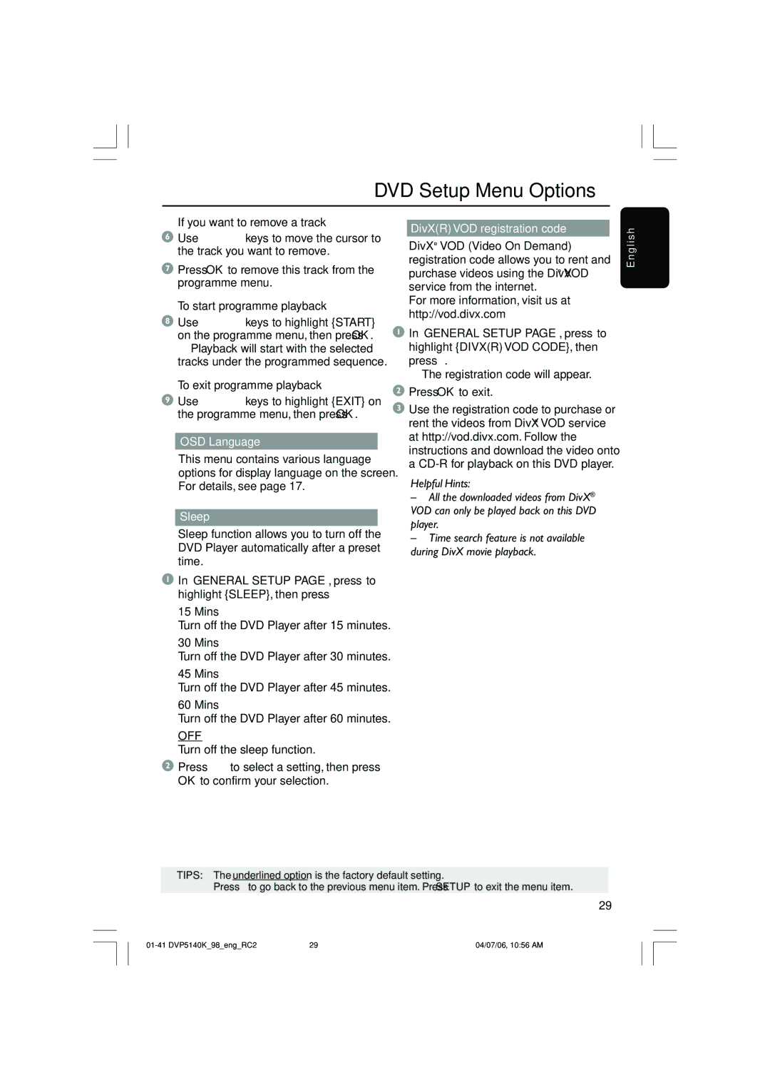 Philips DVP5140K/98 user manual DivXR VOD registration code 