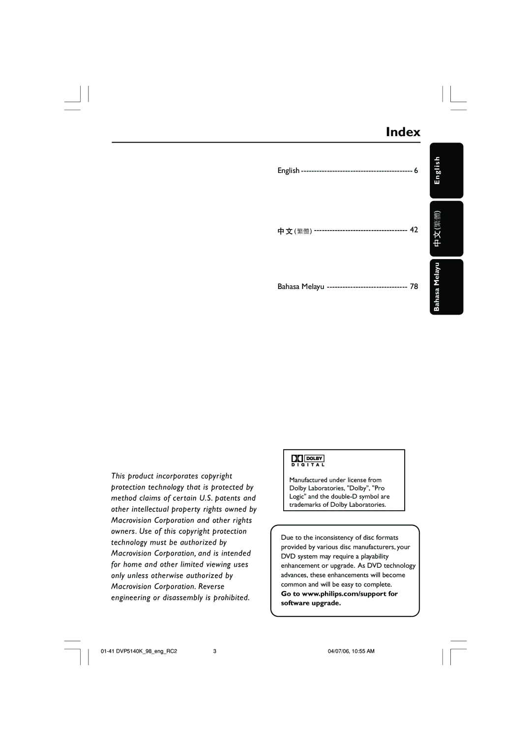 Philips DVP5140K/98 user manual Index, English 