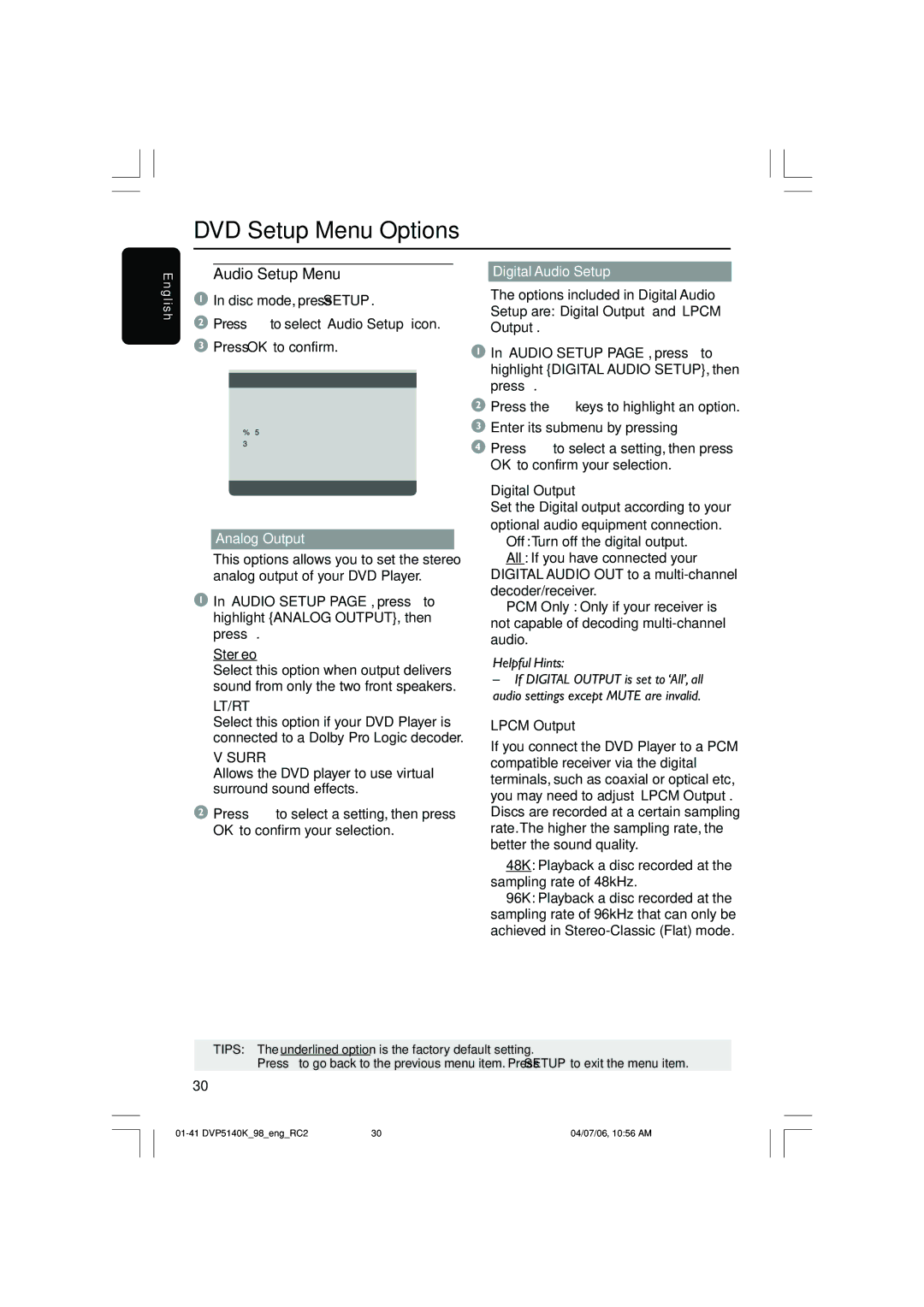 Philips DVP5140K/98 user manual Digital Audio Setup, Digital Output, Lpcm Output 