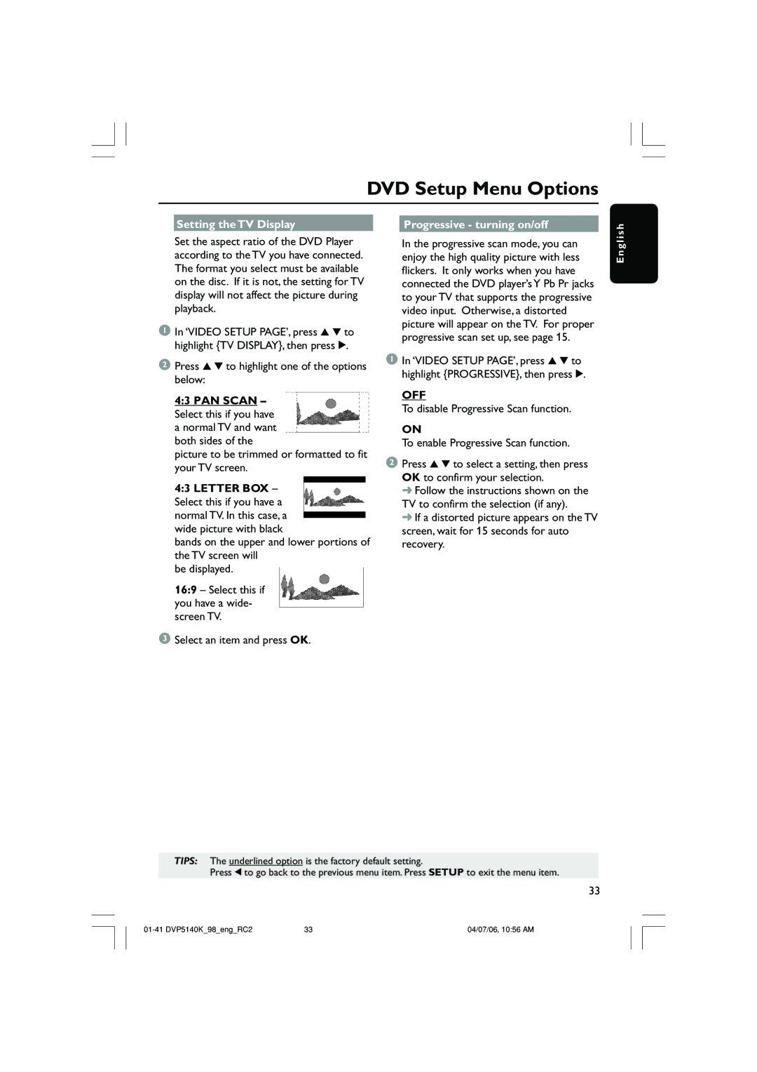 Philips DVP5140K/98 user manual Setting the TV Display Progressive turning on/off 