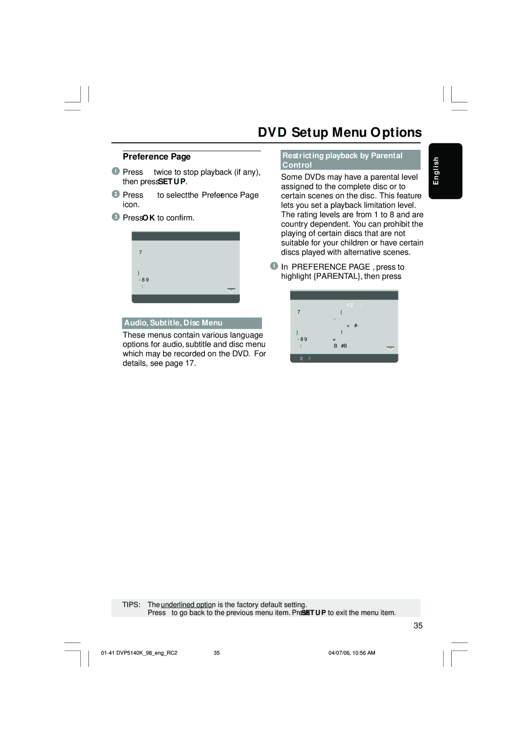 Philips DVP5140K/98 user manual Preference, Audio, Subtitle, Disc Menu, Restricting playback by Parental Control 