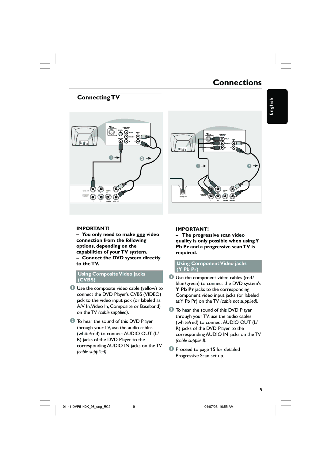 Philips DVP5140K/98 user manual Connections, Using Composite Video jacks Cvbs, Using Component Video jacks Y Pb Pr 