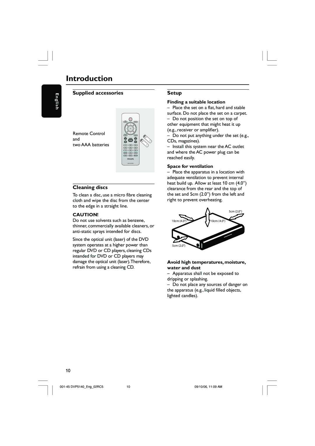 Philips DVP5142 user manual Introduction, Supplied accessories, Cleaning discs, Setup 