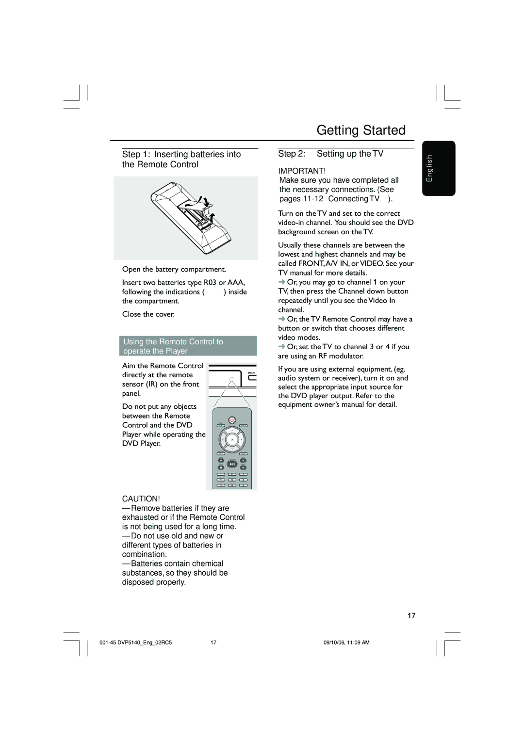 Philips DVP5142 user manual Getting Started, Inserting batteries into the Remote Control, Setting up the TV 