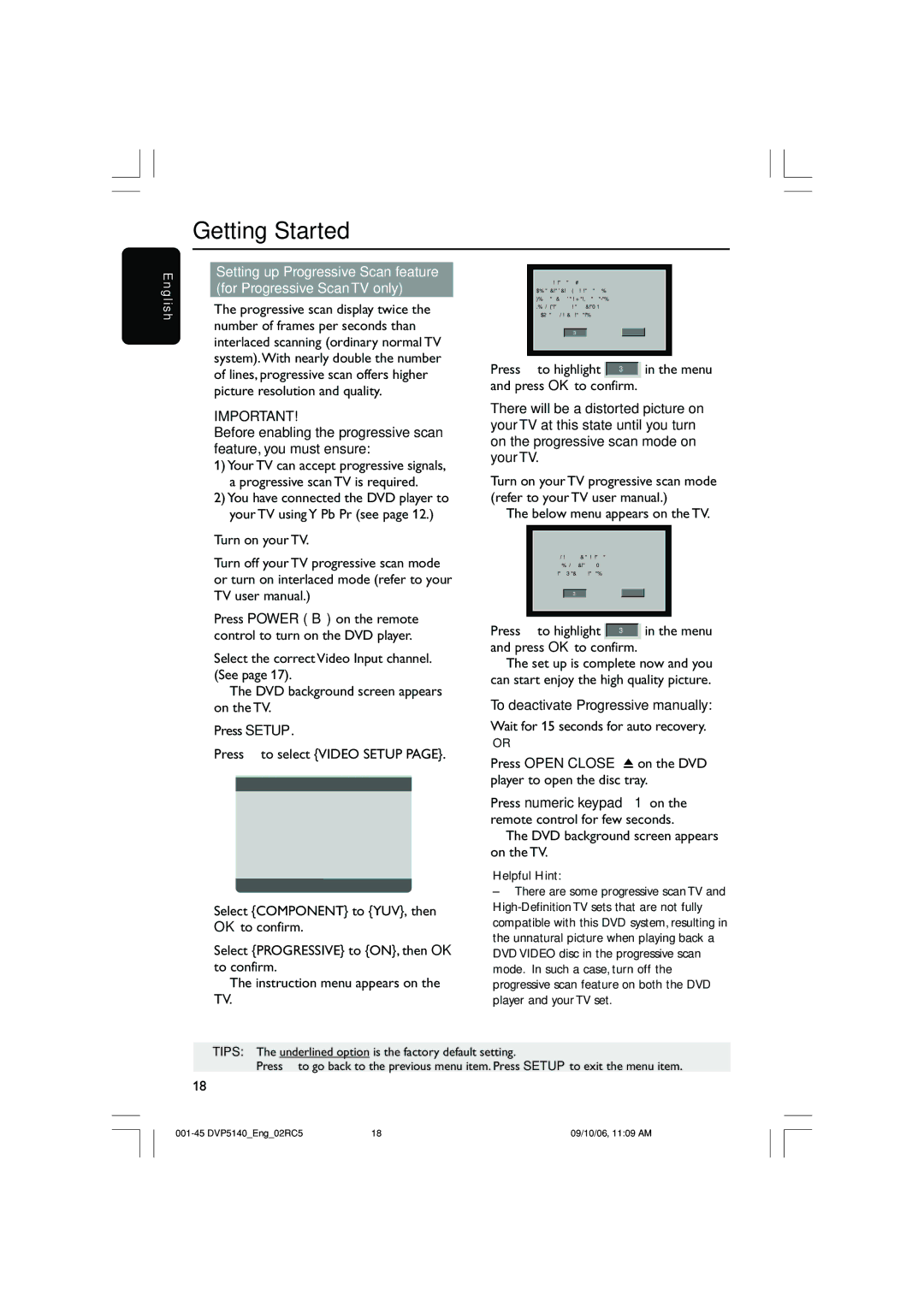 Philips DVP5142 user manual Below menu appears on the TV, Press 1 to highlight, To deactivate Progressive manually 