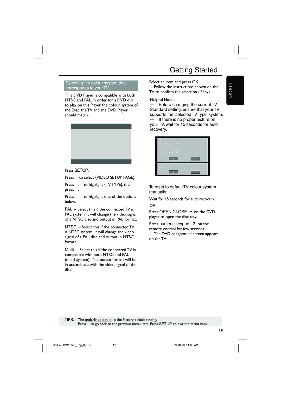 Philips DVP5142 Selecting the colour system that corresponds to your TV, To reset to default TV colour system manually 