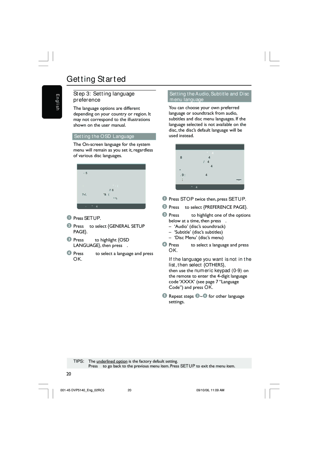 Philips DVP5142 Setting language preference, Setting the OSD Language, Setting the Audio, Subtitle and Disc menu language 