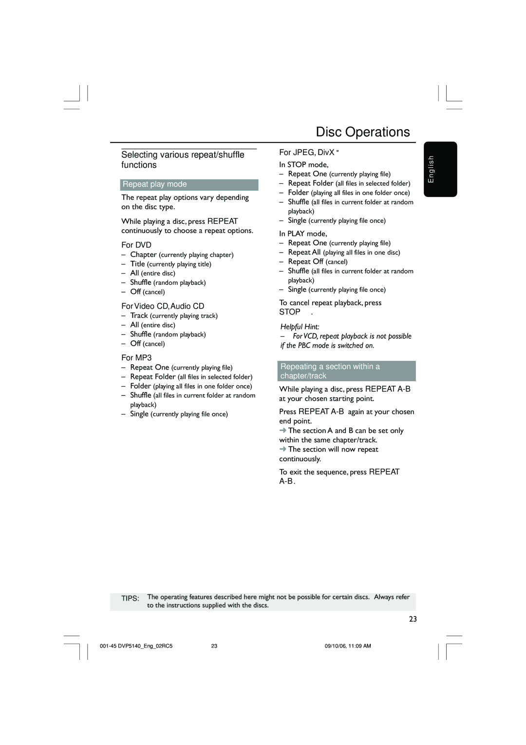 Philips DVP5142 user manual Selecting various repeat/shuffle functions, Repeat play mode, Stopç 