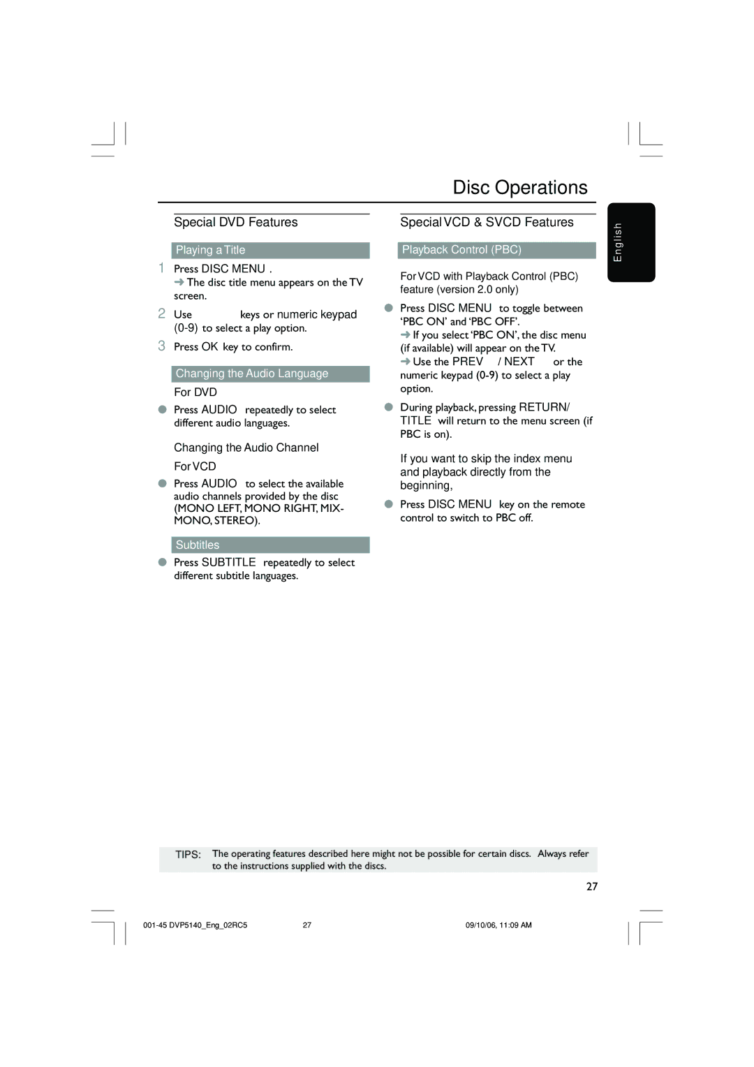 Philips DVP5142 user manual Special DVD Features, Special VCD & Svcd Features 