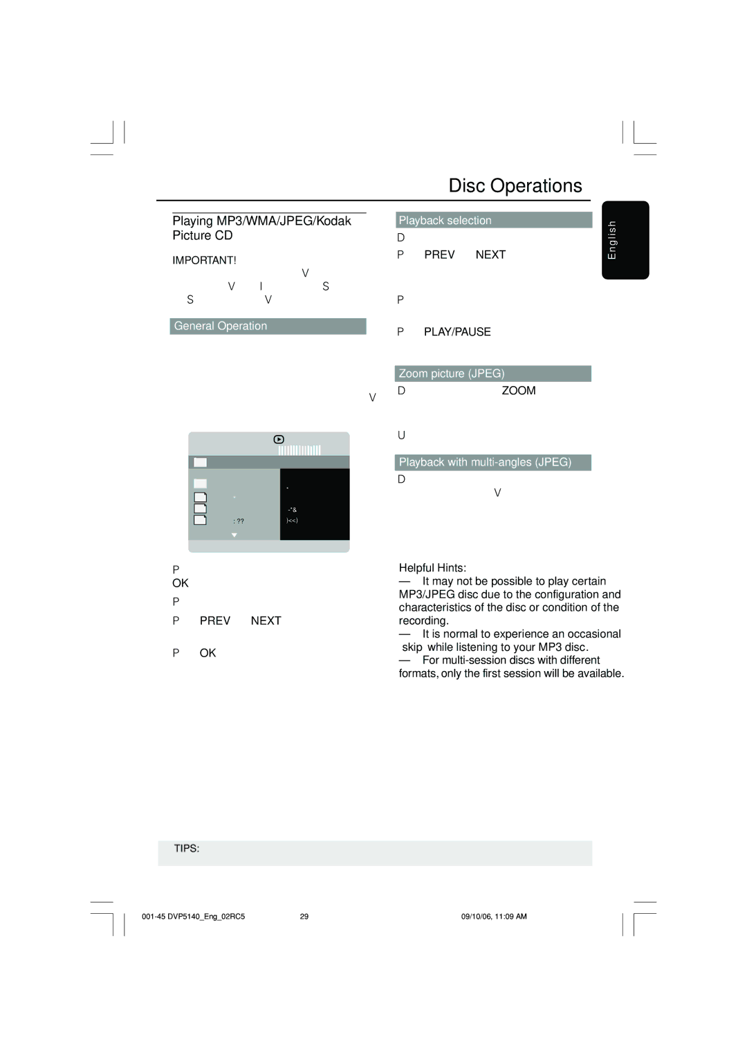 Philips DVP5142 user manual Playing MP3/WMA/JPEG/Kodak Picture CD, General Operation, Playback selection, Zoom picture Jpeg 