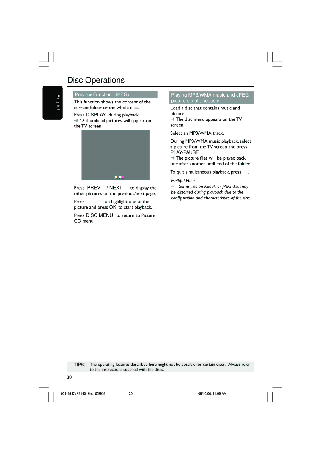 Philips DVP5142 user manual Preview Function Jpeg, Press Disc Menu to return to Picture CD menu 