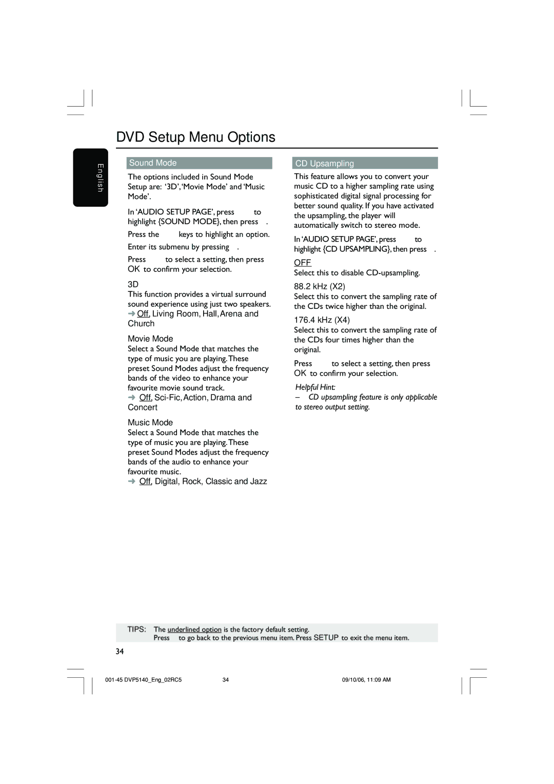 Philips DVP5142 user manual Sound Mode CD Upsampling, Off 