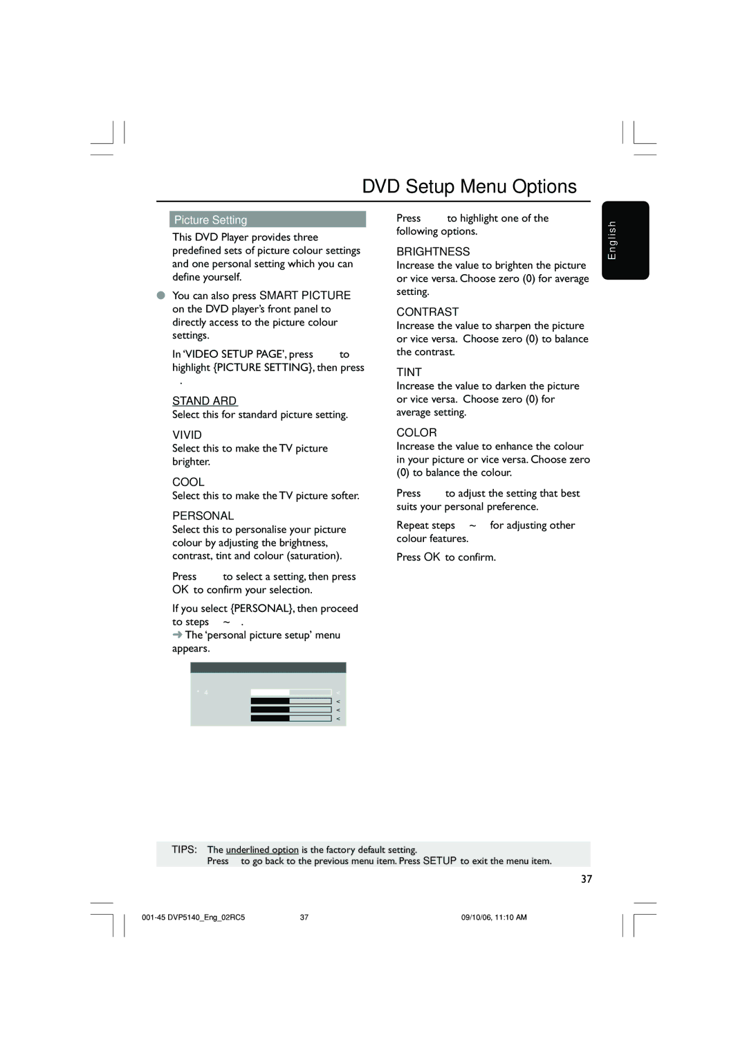 Philips DVP5142 user manual Standard, Vivid, Cool, Personal, Brightness, Contrast, Tint, Color 