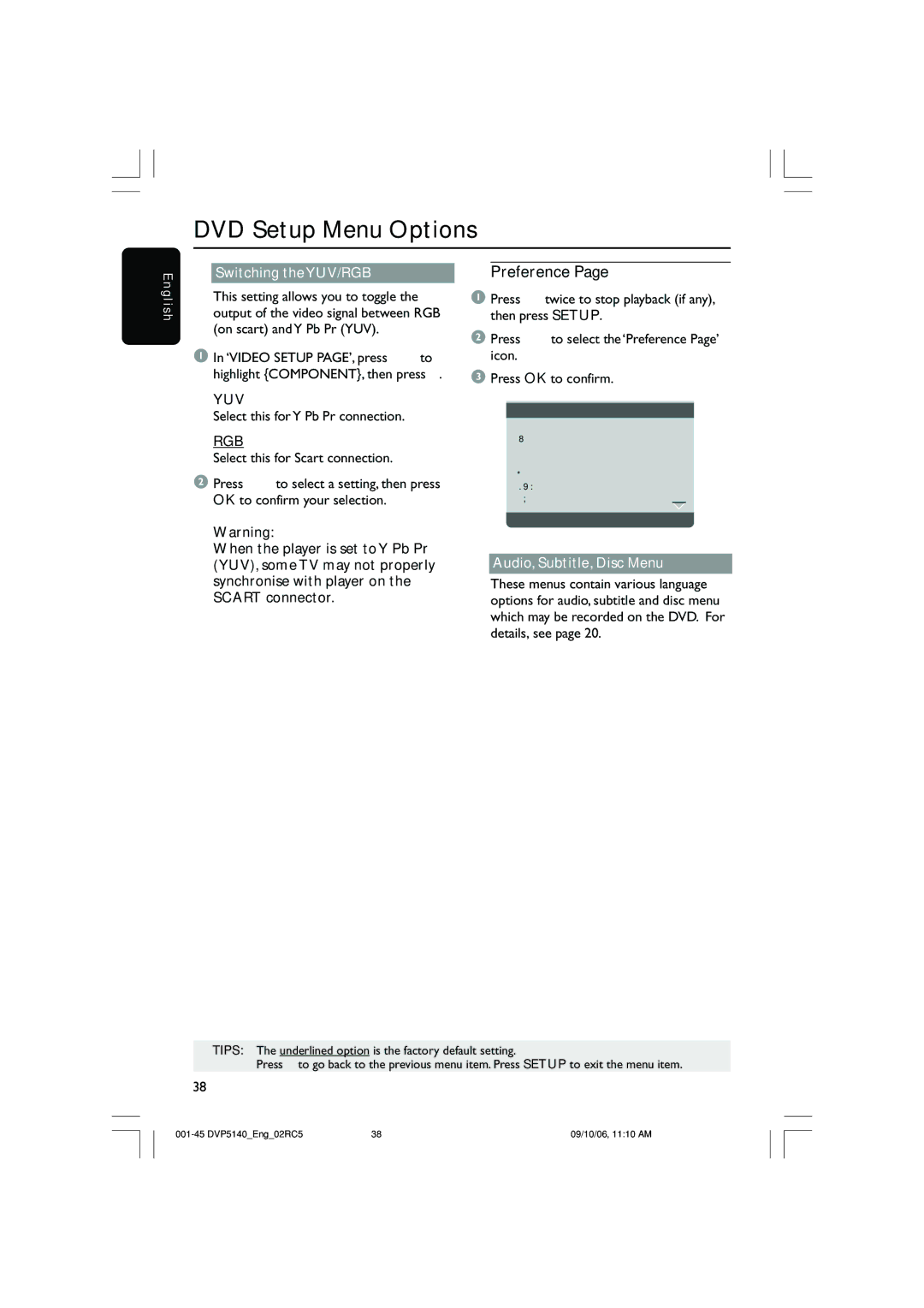 Philips DVP5142 user manual Switching the YUV/RGB, Yuv, Select this for Y Pb Pr connection, Rgb, Audio, Subtitle, Disc Menu 