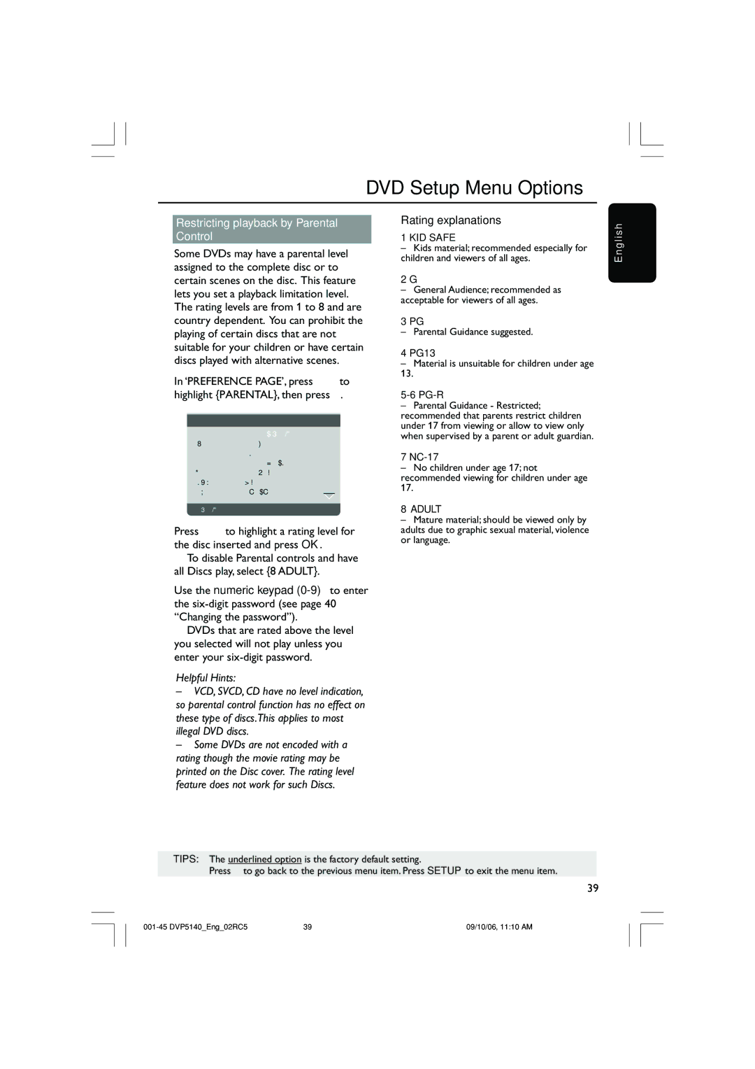 Philips DVP5142 user manual Restricting playback by Parental Control, Rating explanations 