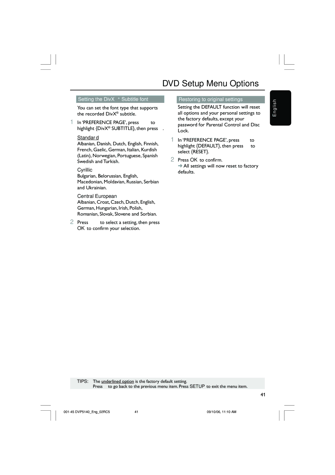 Philips DVP5142 Setting the DivX Subtitle font, Standard, Cyrillic, Central European, Restoring to original settings 
