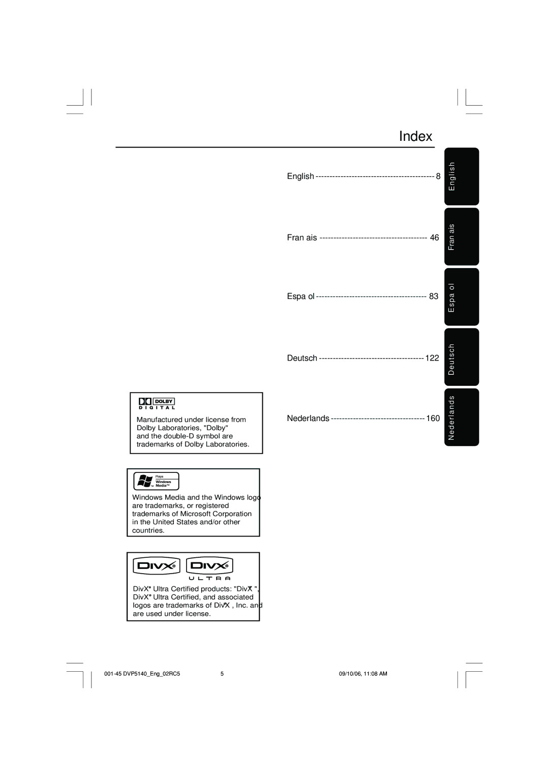 Philips DVP5142 user manual Index, Nederlands Deutsch Español Français English 