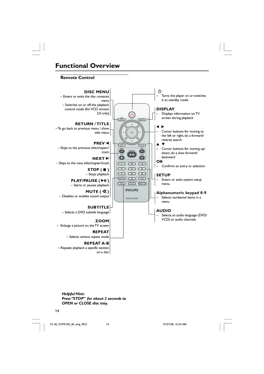 Philips SL-0627/94-1, DVP5150X/94 user manual Remote Control 