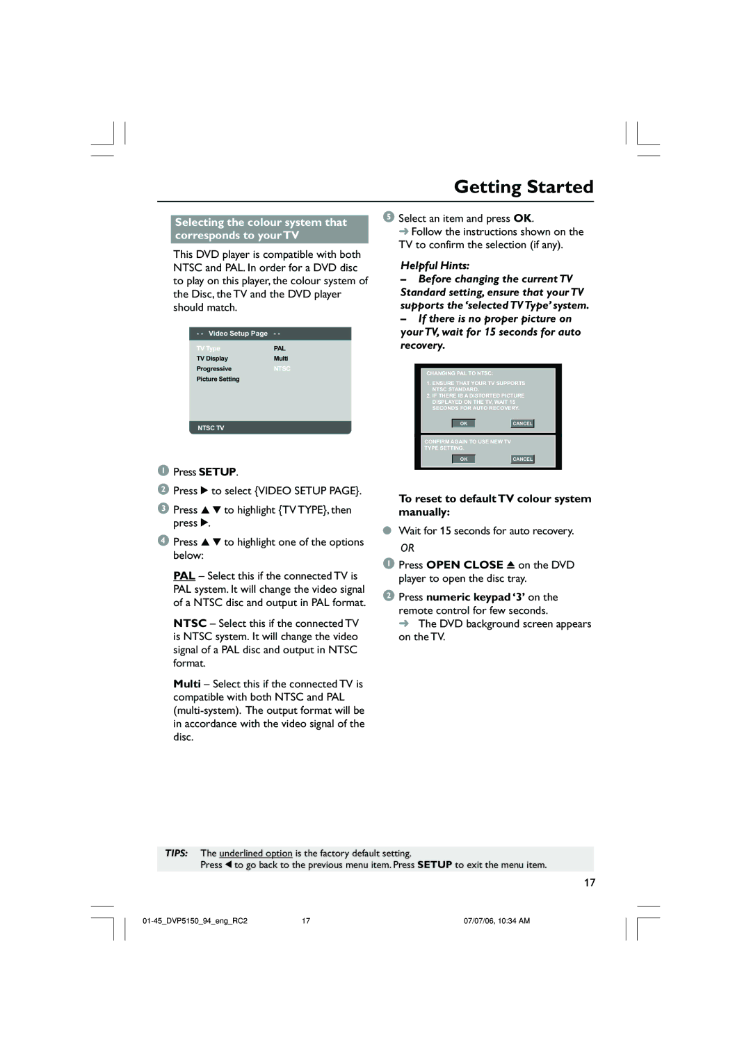 Philips SL-0627/94-1, DVP5150X/94 user manual Select an item and press OK, To reset to default TV colour system manually 