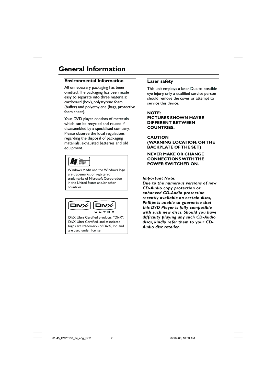 Philips SL-0627/94-1, DVP5150X/94 user manual General Information, Environmental Information, Laser safety 