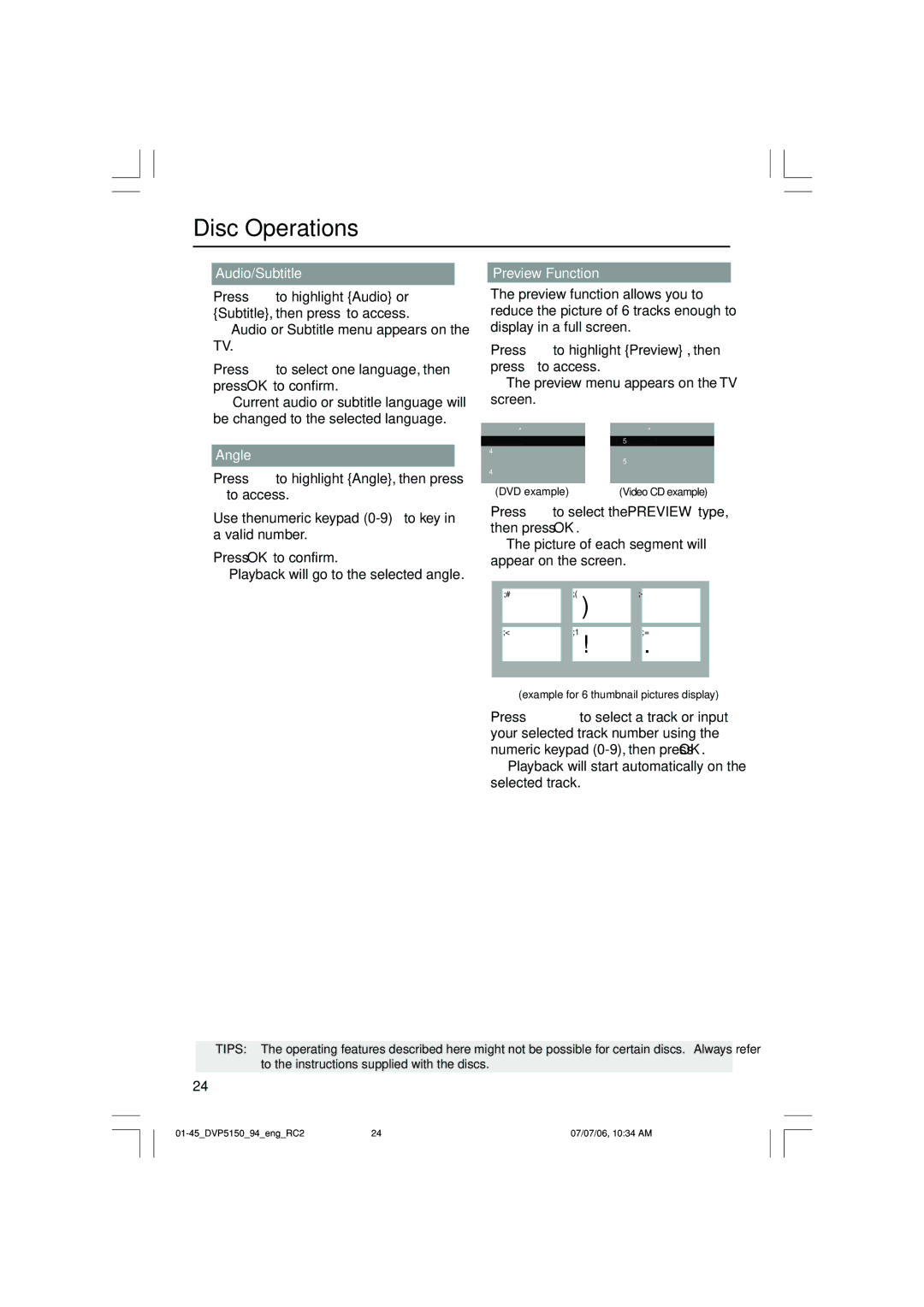 Philips DVP5150X/94 Audio/Subtitle, Angle, Use the numeric keypad 0-9 to key in a valid number, Preview Function 