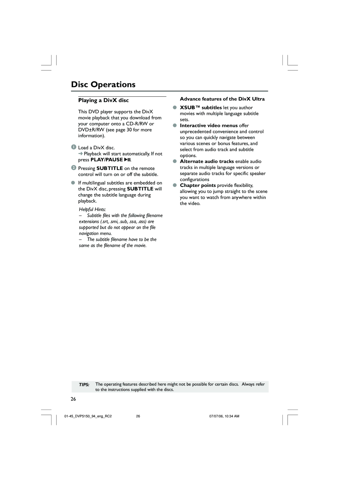 Philips SL-0627/94-1, DVP5150X/94 user manual Playing a DivX disc 