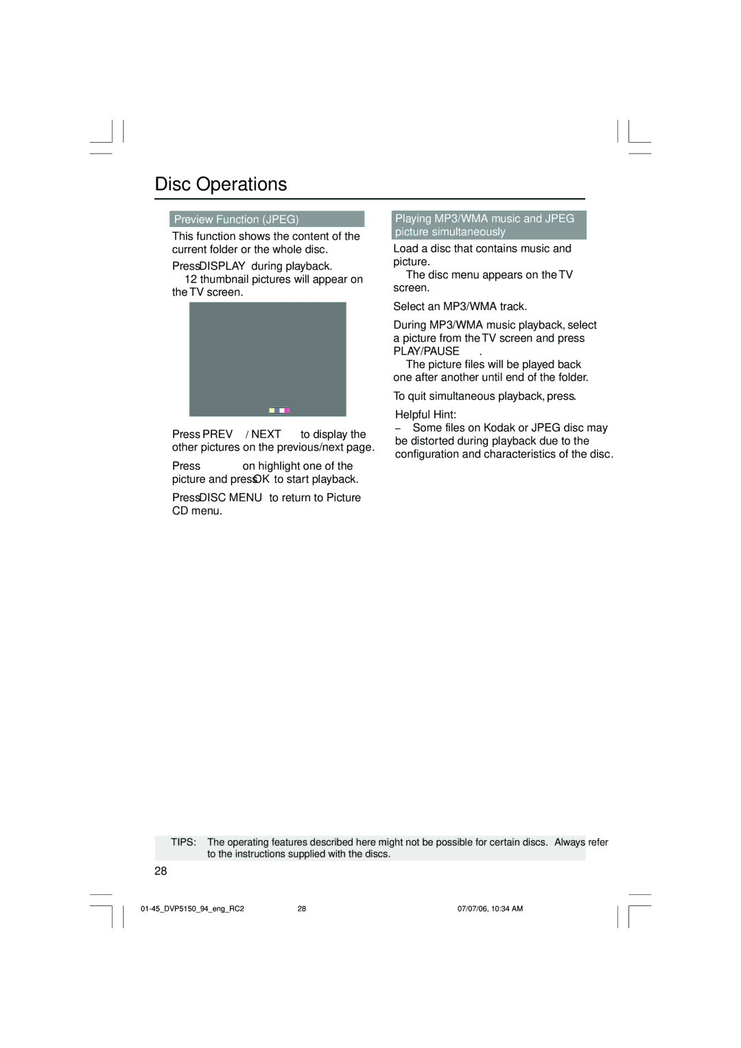 Philips DVP5150X/94, SL-0627/94-1 user manual Preview Function Jpeg, Press Disc Menu to return to Picture CD menu 