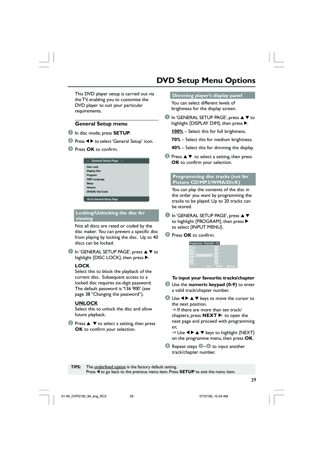 Philips SL-0627/94-1, DVP5150X/94 user manual DVD Setup Menu Options, General Setup menu, Lock, Unlock 