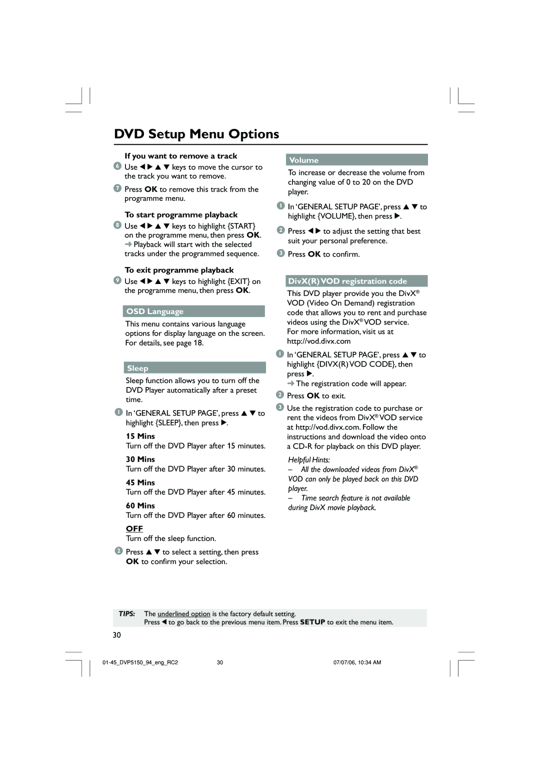 Philips DVP5150X/94, SL-0627/94-1 user manual Volume, DivXR VOD registration code 