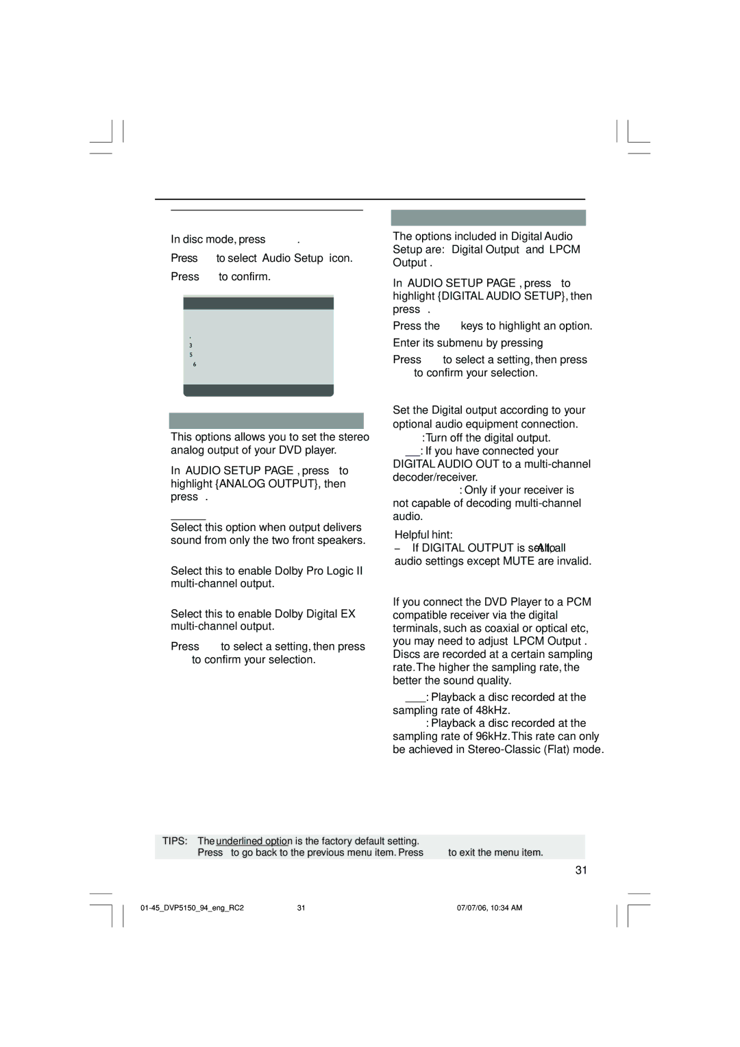 Philips DVP5150X/94, SL-0627/94-1 user manual Audio Setup Menu, Analog Output, Digital Audio Setup 