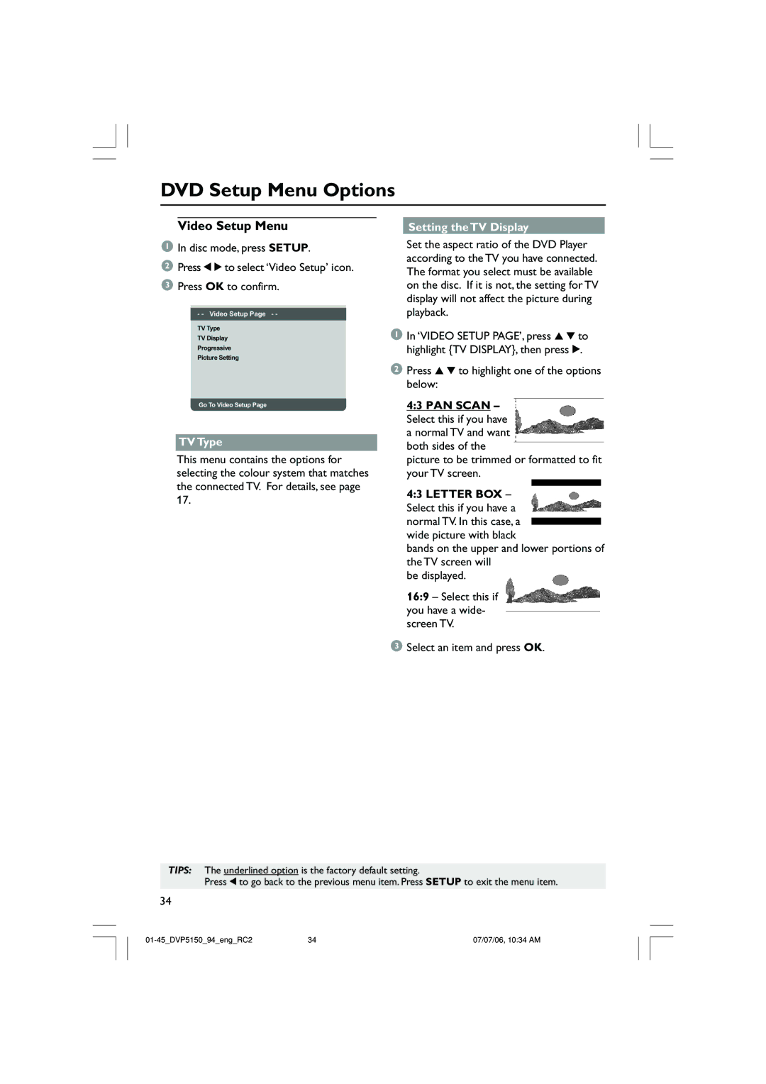 Philips DVP5150X/94 Video Setup Menu, TV Type, Setting the TV Display, Press 3 4 to highlight one of the options below 