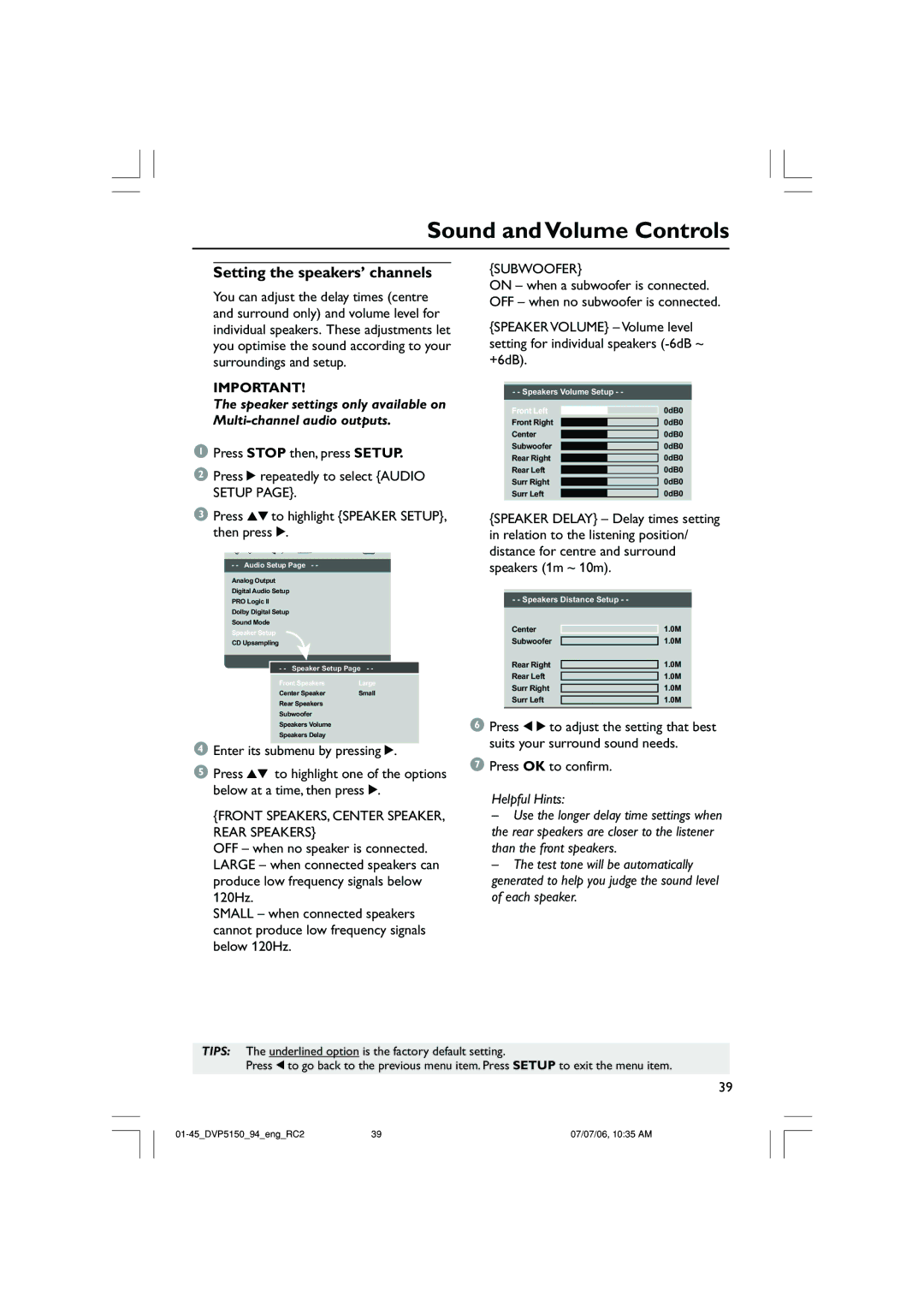 Philips DVP5150X/94, SL-0627/94-1 user manual Sound and Volume Controls, Setting the speakers’ channels 