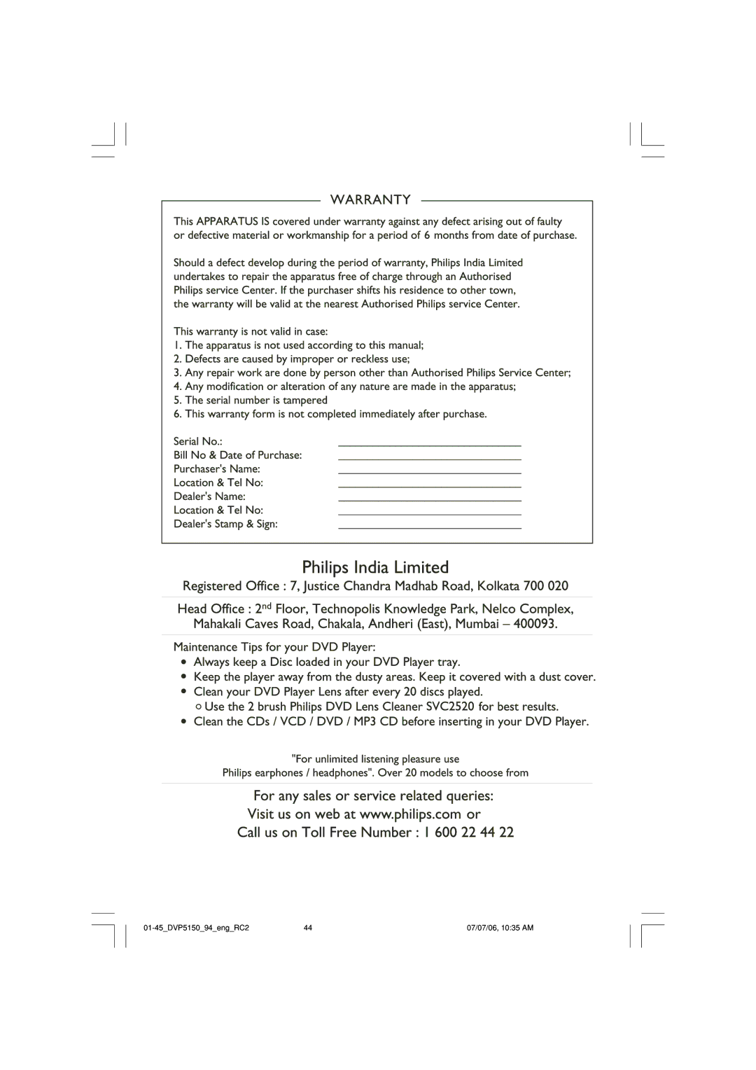 Philips SL-0627/94-1, DVP5150X/94 user manual 01-45DVP515094engRC2 07/07/06, 1035 AM 