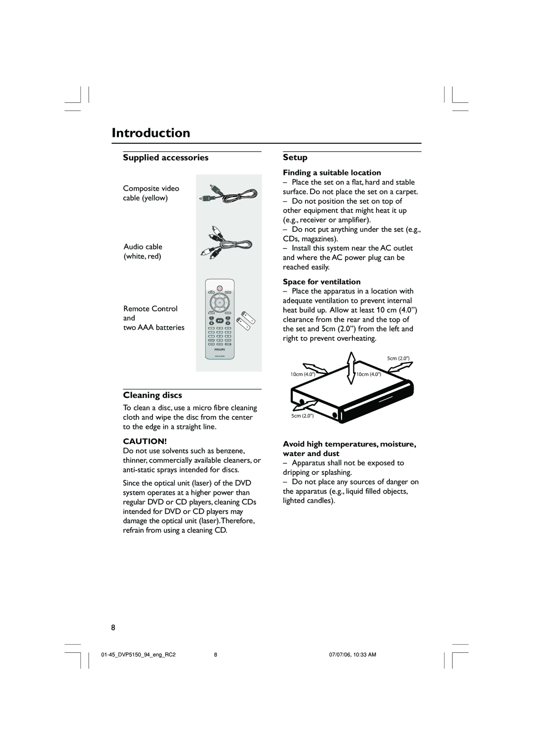 Philips SL-0627/94-1, DVP5150X/94 user manual Introduction, Supplied accessories, Cleaning discs, Setup 