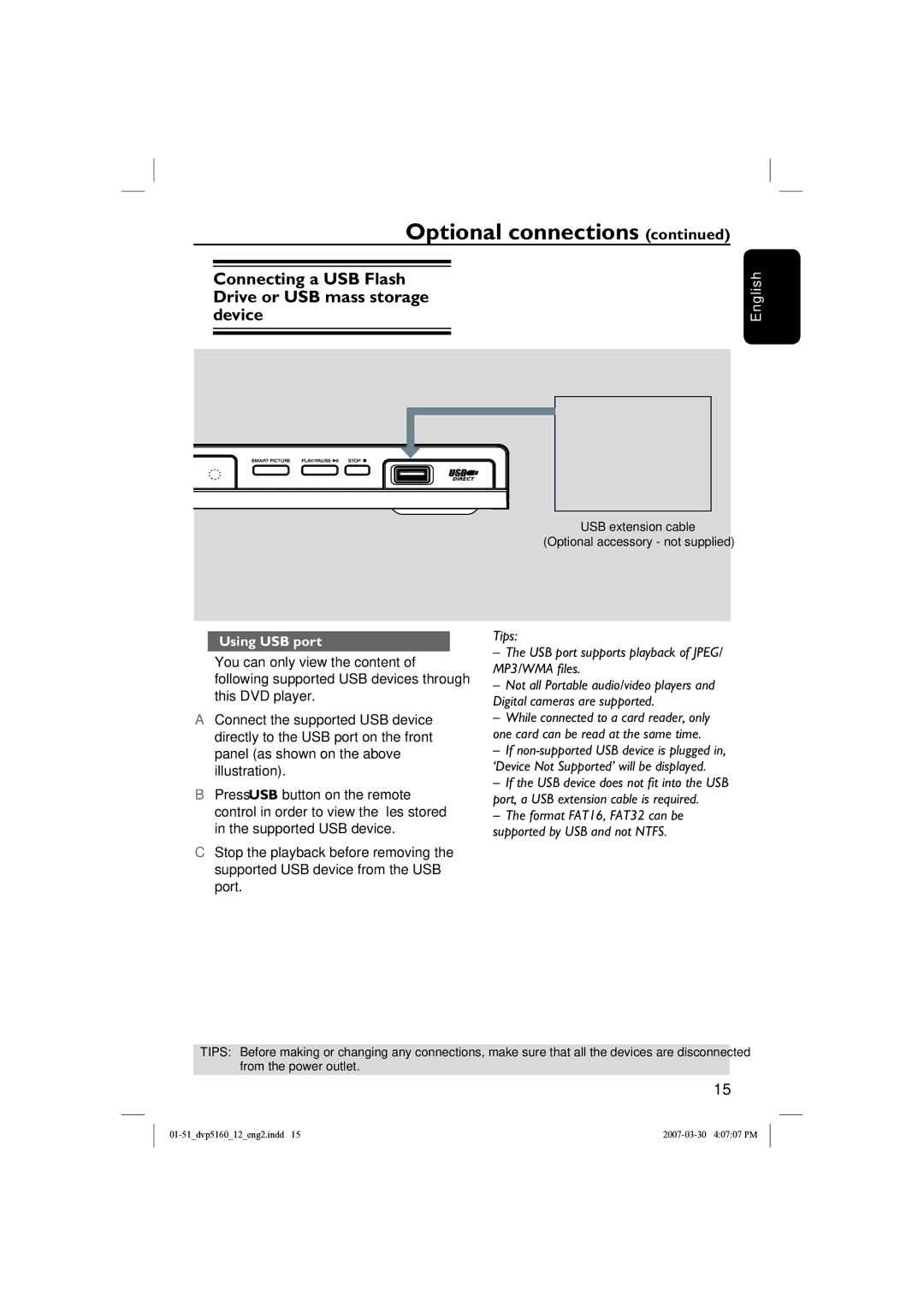 Philips DVP5160 user manual Connecting a USB Flash Drive or USB mass storage device, Using USB port 