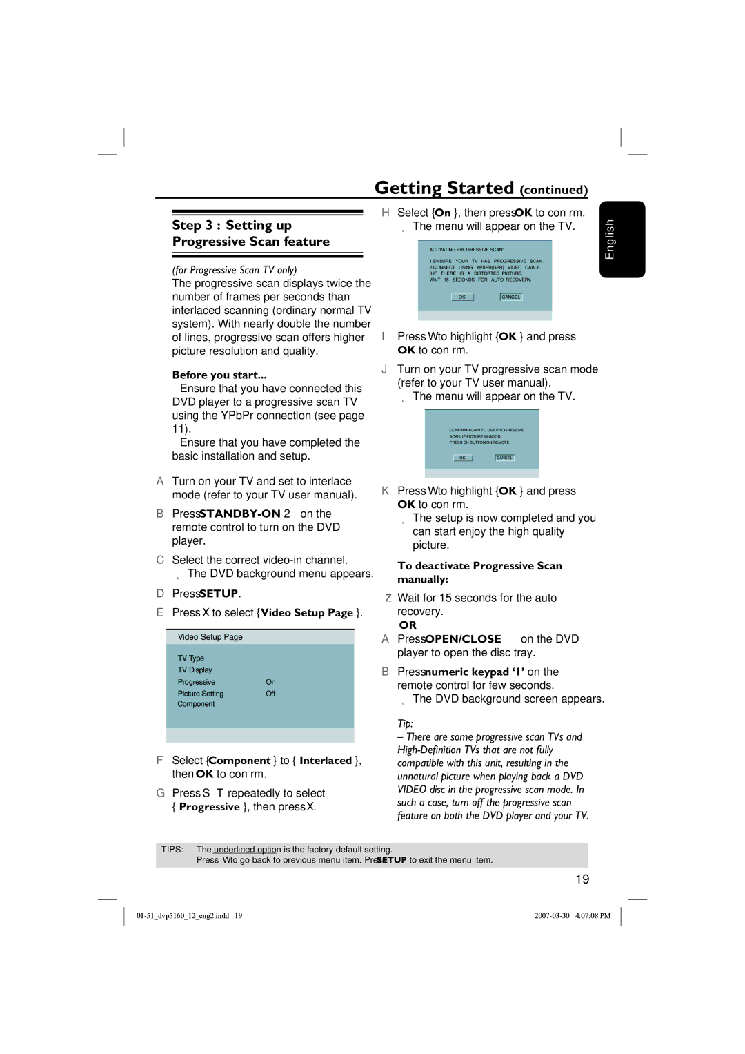 Philips DVP5160 user manual Before you start, To deactivate Progressive Scan manually 