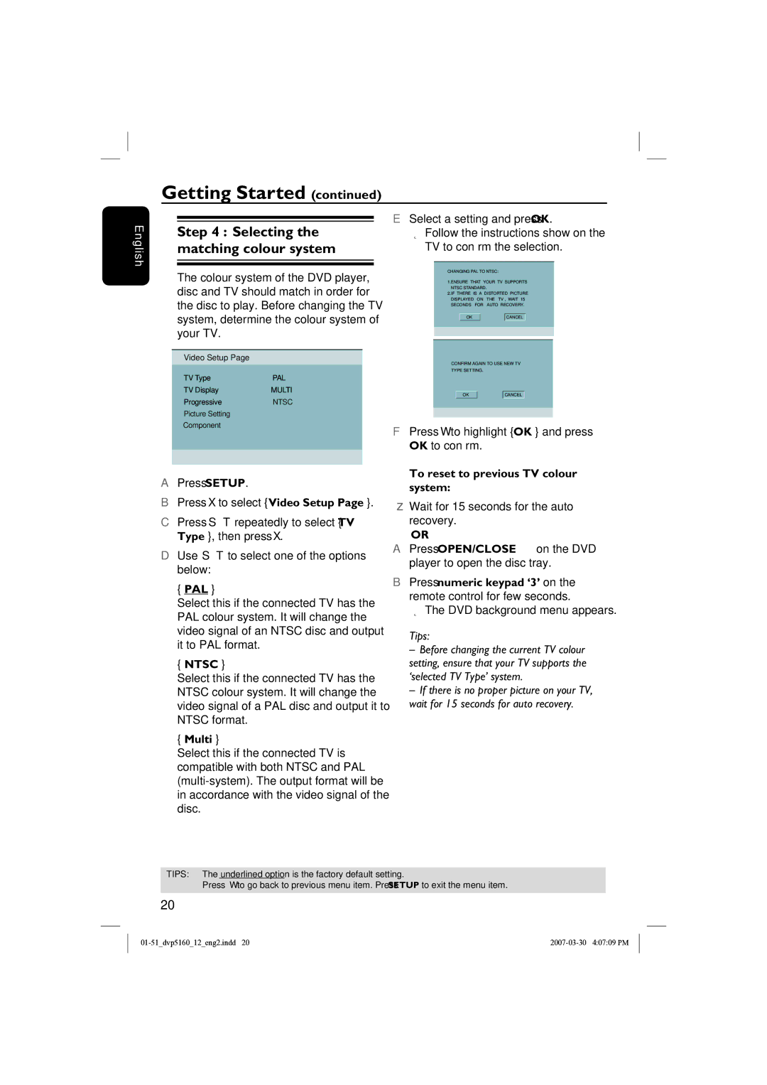 Philips DVP5160 user manual Selecting the matching colour system, Pal, Ntsc, Multi, To reset to previous TV colour system 