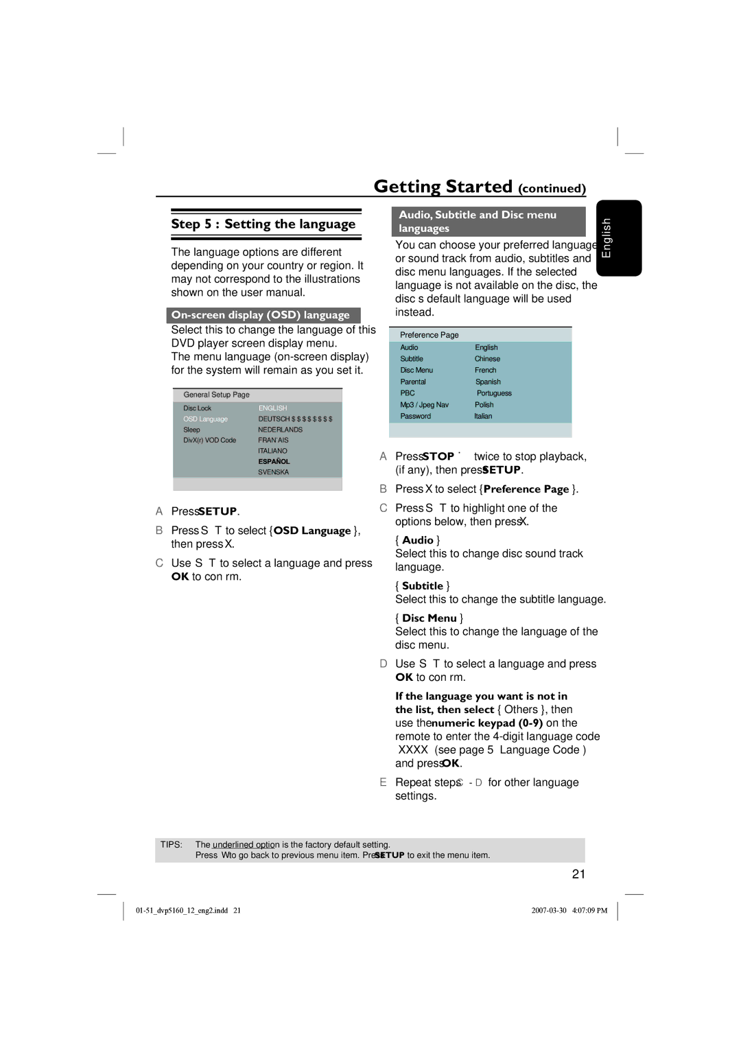 Philips DVP5160 user manual Setting the language, On-screen display OSD language, Audio, Subtitle and Disc menu languages 